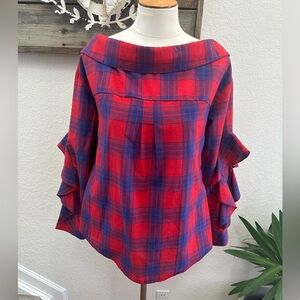Tea & Cup Red and Blue Plaid Blouse tie back 100% cotton ladies M